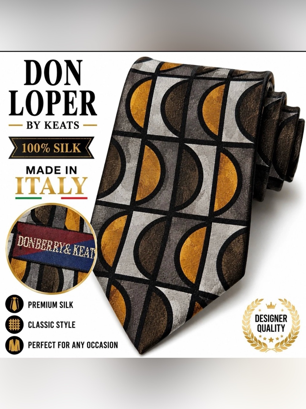 Don Loper Men's Silk Tie in Gold and Gray Geometric Design